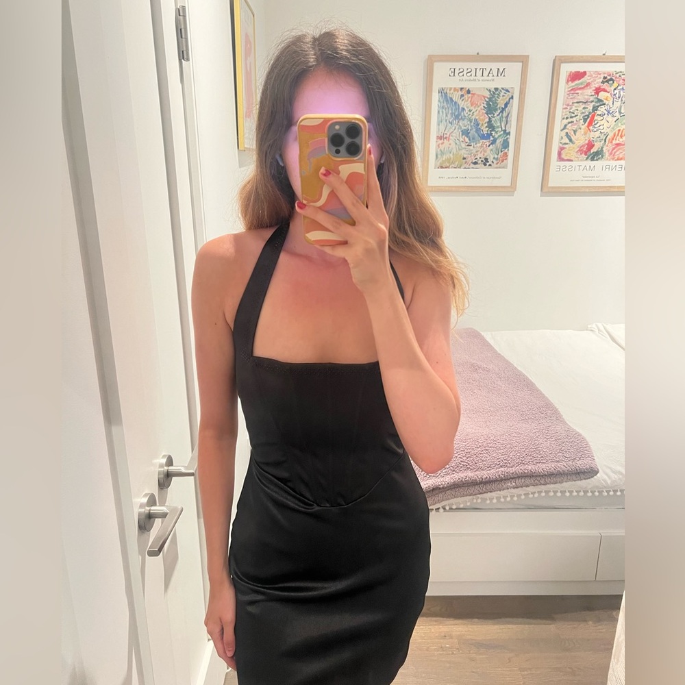 Black corset mini-dress with rhinestones